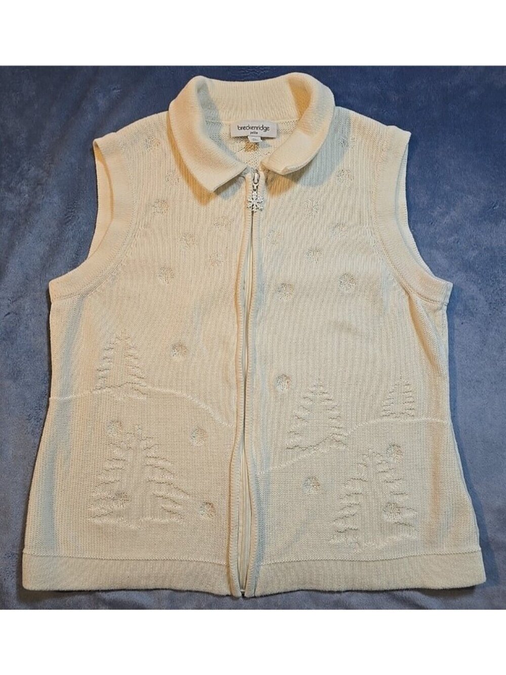 Breckenridge Winter Sweater Vest Full Zip Embroidered Ivory Snowflakes Trees PL